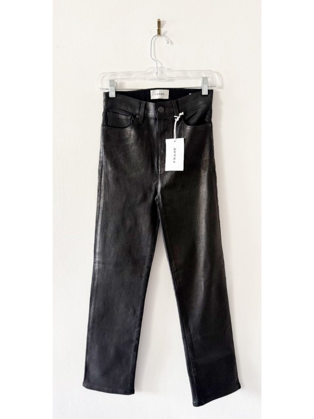 NEW Frame Le Sleek Straight Pants/Jeans Black Mood Ring Coated Jeans Size 25